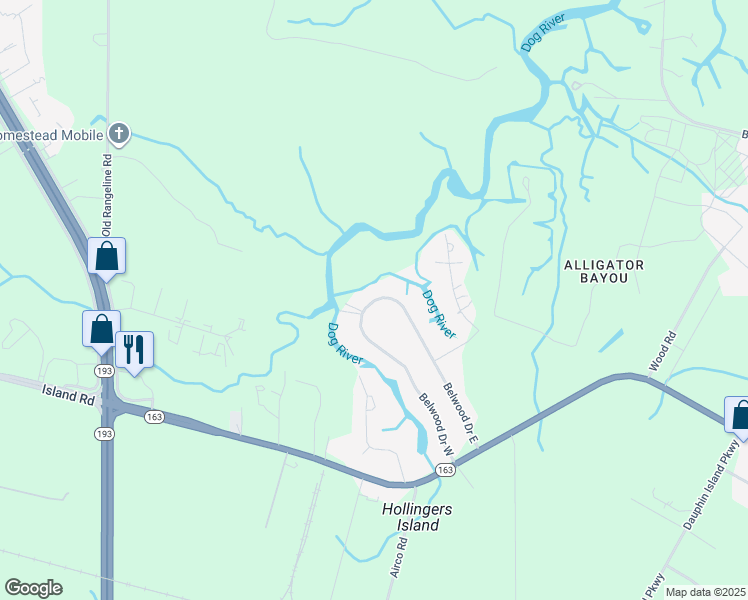 map of restaurants, bars, coffee shops, grocery stores, and more near 6672 Belwood Drive East in Theodore