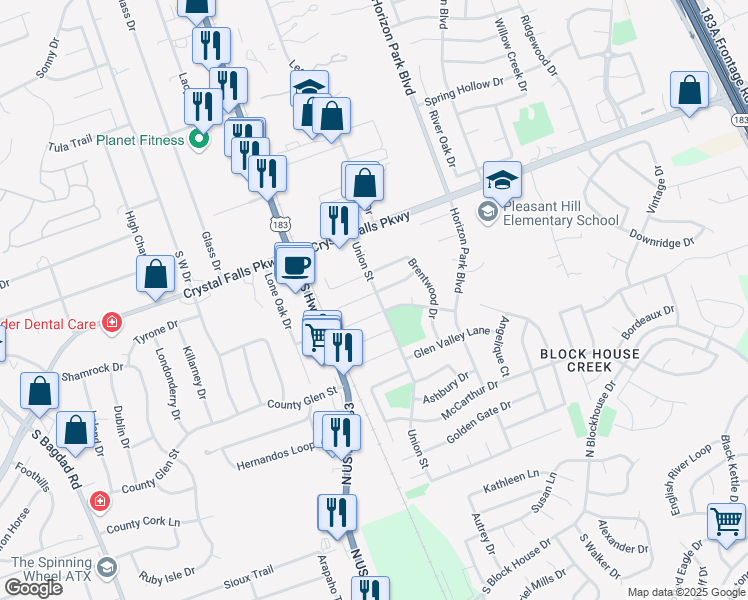map of restaurants, bars, coffee shops, grocery stores, and more near 206 Stanford Drive in Leander