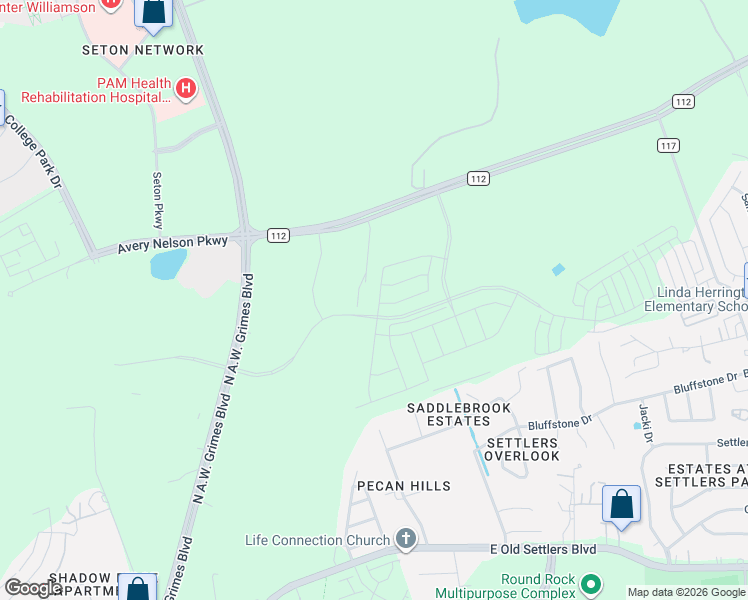 map of restaurants, bars, coffee shops, grocery stores, and more near County Road 112 in Round Rock