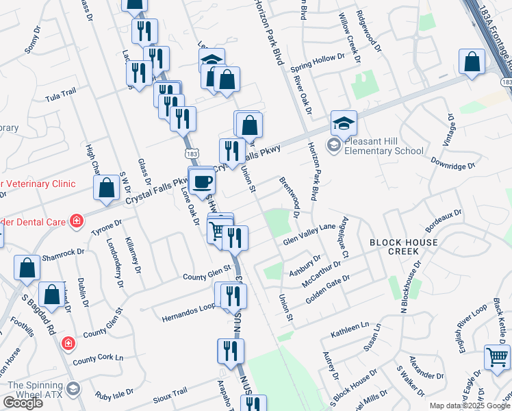 map of restaurants, bars, coffee shops, grocery stores, and more near 206 Stanford Drive in Leander