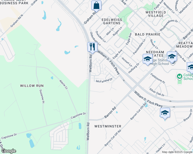 map of restaurants, bars, coffee shops, grocery stores, and more near 4058 Southern Trace Drive in College Station