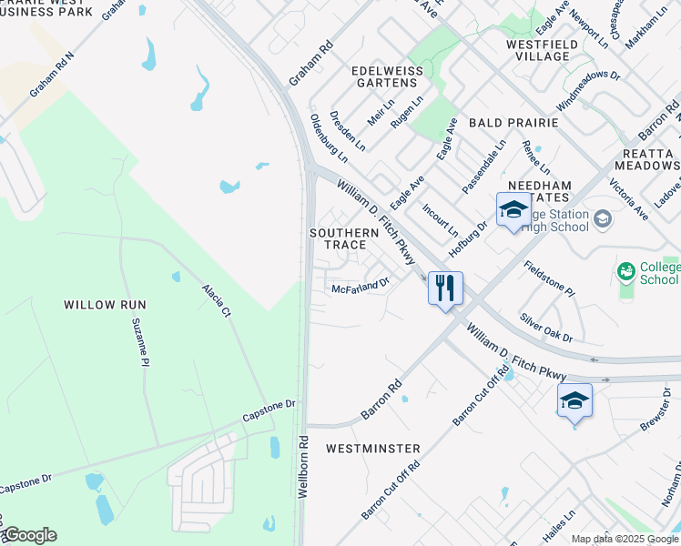 map of restaurants, bars, coffee shops, grocery stores, and more near 4049 Southern Trace Drive in College Station