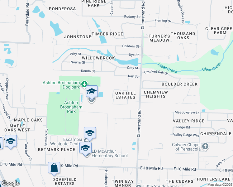 map of restaurants, bars, coffee shops, grocery stores, and more near 10800 Country Ostrich Drive in Pensacola