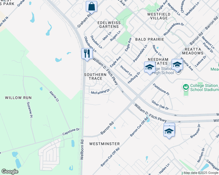 map of restaurants, bars, coffee shops, grocery stores, and more near 4137 Mcfarland Drive in College Station