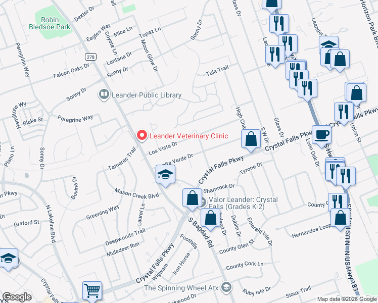 map of restaurants, bars, coffee shops, grocery stores, and more near 807 Bonita Verde Drive in Leander
