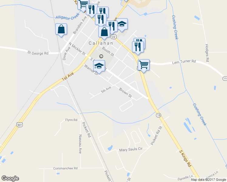 map of restaurants, bars, coffee shops, grocery stores, and more near 45177 Brown Street in Callahan
