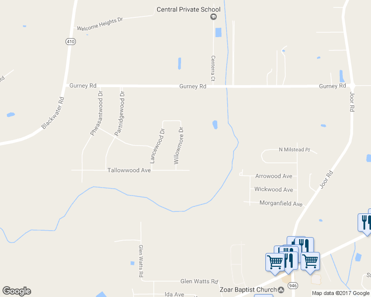 map of restaurants, bars, coffee shops, grocery stores, and more near 12118 Willowmore Drive in Baker