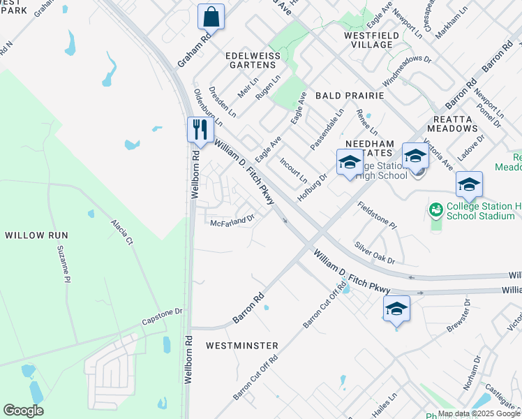 map of restaurants, bars, coffee shops, grocery stores, and more near 2939 Mclaren Drive in College Station