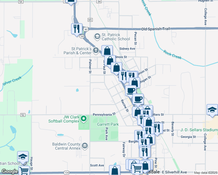 map of restaurants, bars, coffee shops, grocery stores, and more near 18163 Wisconsin Street in Robertsdale