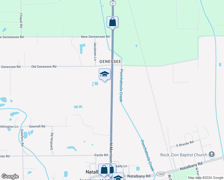 map of restaurants, bars, coffee shops, grocery stores, and more near 48398 U.S. 51 in Tickfaw