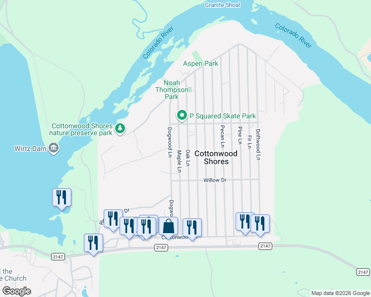 map of restaurants, bars, coffee shops, grocery stores, and more near 732 Oak Ln in Cottonwood Shores