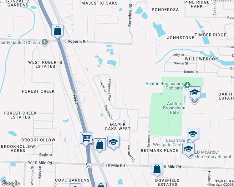 map of restaurants, bars, coffee shops, grocery stores, and more near 10556 Wilderness Lane in Pensacola