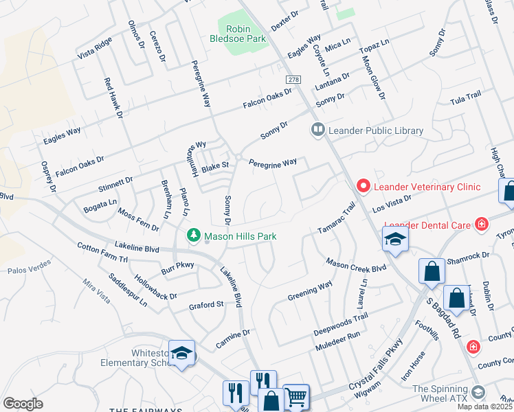 map of restaurants, bars, coffee shops, grocery stores, and more near 1221 Ravenside Cove in Leander