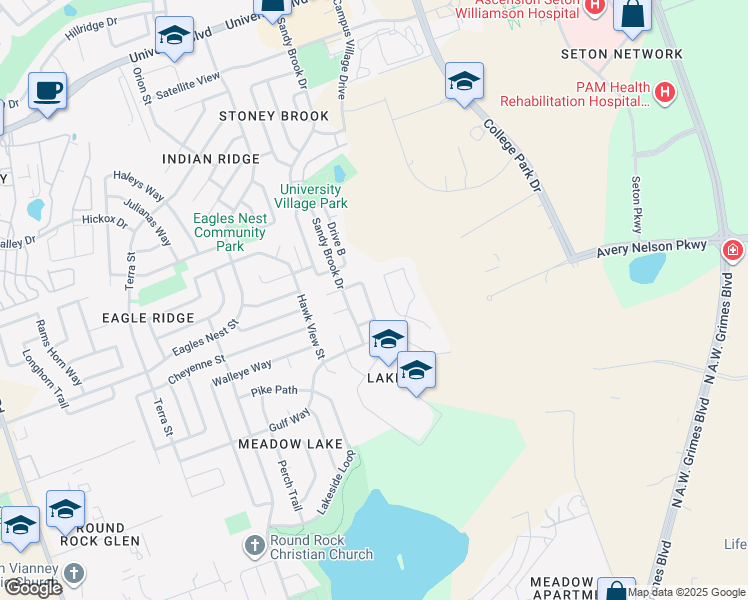 map of restaurants, bars, coffee shops, grocery stores, and more near 1717 Amistad Way in Round Rock