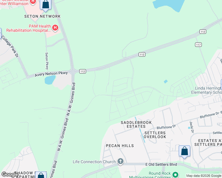 map of restaurants, bars, coffee shops, grocery stores, and more near County Road 112 in Round Rock