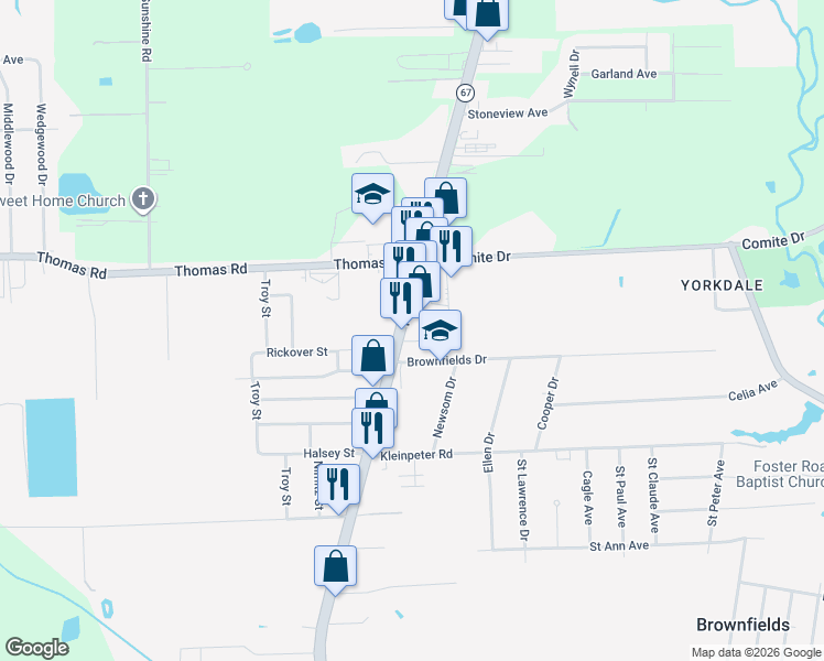 map of restaurants, bars, coffee shops, grocery stores, and more near 12044 Plank Road in Baton Rouge