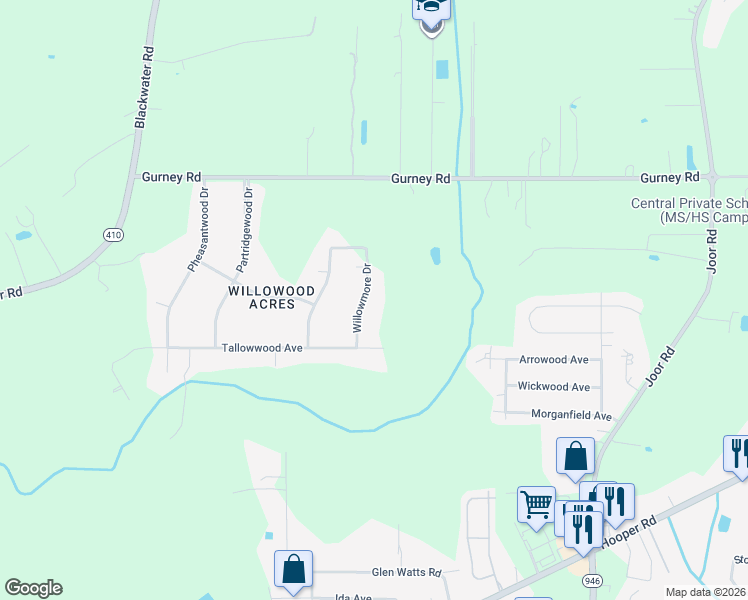 map of restaurants, bars, coffee shops, grocery stores, and more near 12118 Willowmore Drive in Baker