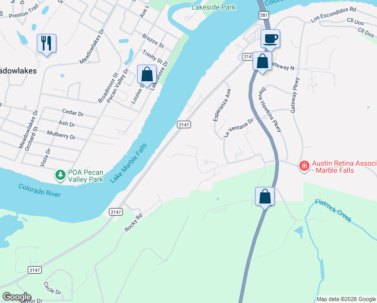 map of restaurants, bars, coffee shops, grocery stores, and more near 504 Enclavar in Marble Falls