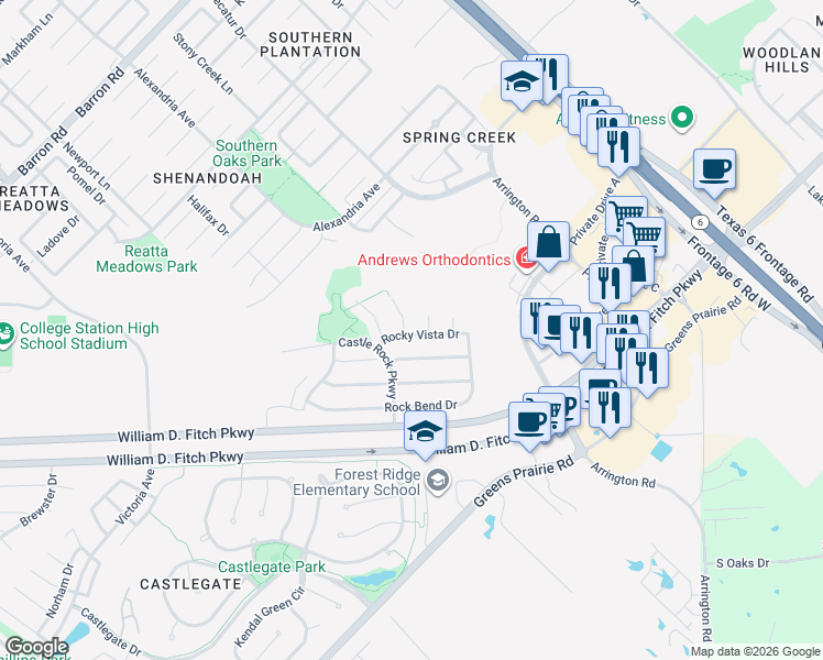 map of restaurants, bars, coffee shops, grocery stores, and more near 4100 Deep Stone Court in College Station