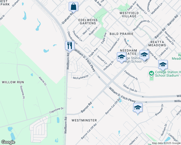 map of restaurants, bars, coffee shops, grocery stores, and more near 2937 Mclaren Drive in College Station