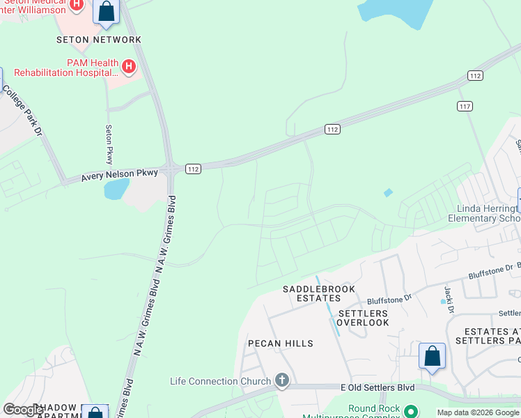 map of restaurants, bars, coffee shops, grocery stores, and more near County Road 112 in Round Rock