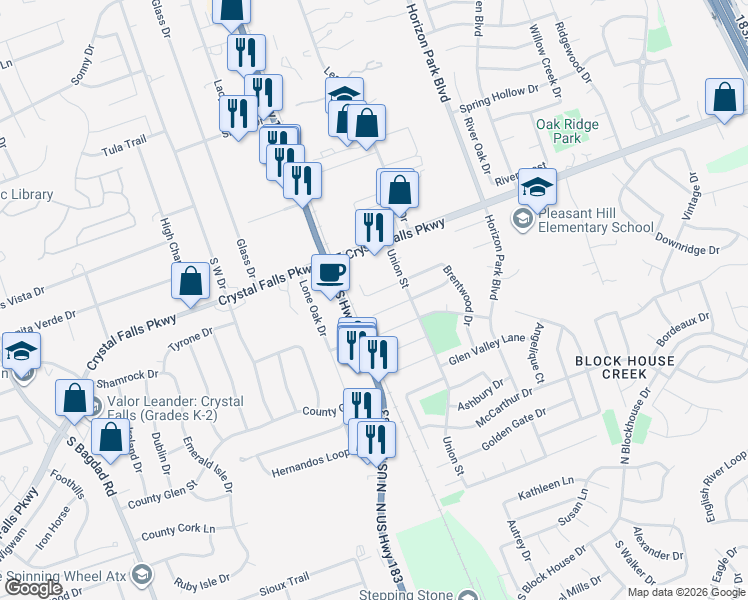 map of restaurants, bars, coffee shops, grocery stores, and more near 106 Brentwood Drive in Leander