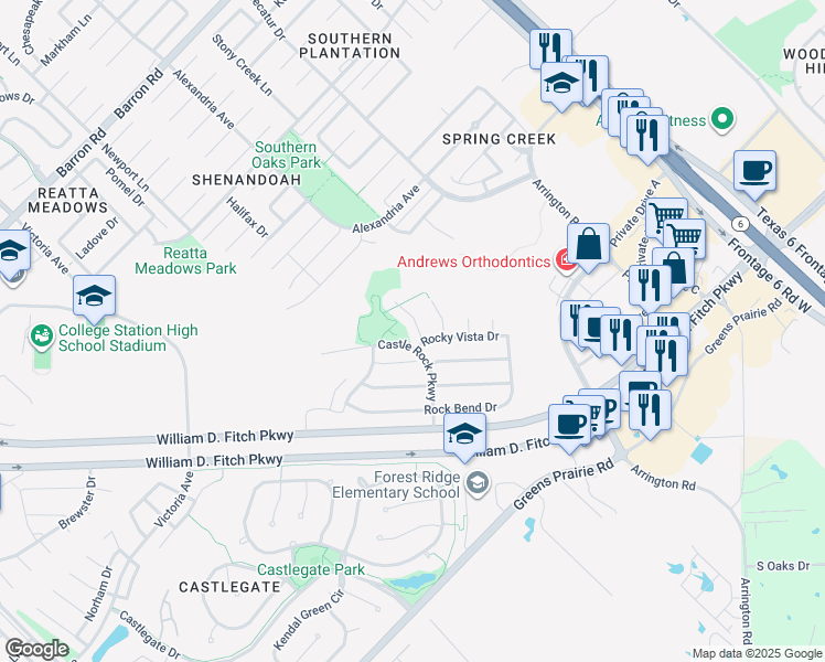 map of restaurants, bars, coffee shops, grocery stores, and more near 4105 Rocky Mountain Court in College Station