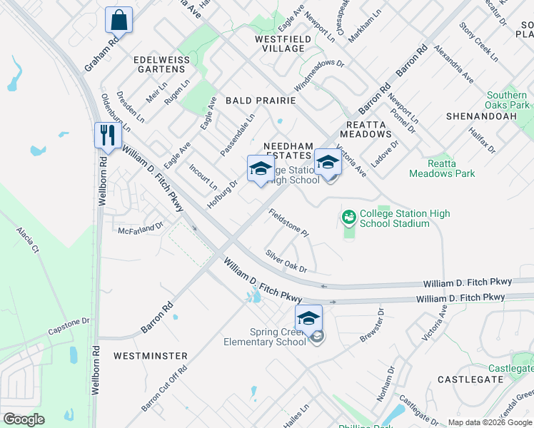 map of restaurants, bars, coffee shops, grocery stores, and more near 2600 Alexander Valley Court in College Station