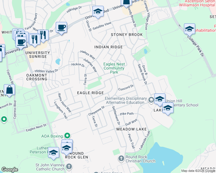map of restaurants, bars, coffee shops, grocery stores, and more near 3631 Hawk Ridge Street in Round Rock