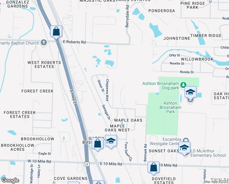map of restaurants, bars, coffee shops, grocery stores, and more near 10560 Wilderness Lane in Pensacola