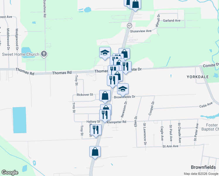 map of restaurants, bars, coffee shops, grocery stores, and more near 12044 Plank Road in Baton Rouge