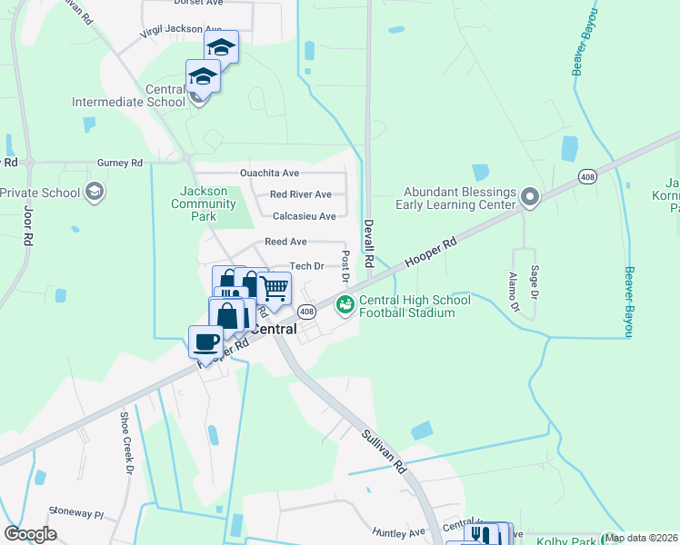 map of restaurants, bars, coffee shops, grocery stores, and more near 13986 Tech Drive in Baton Rouge