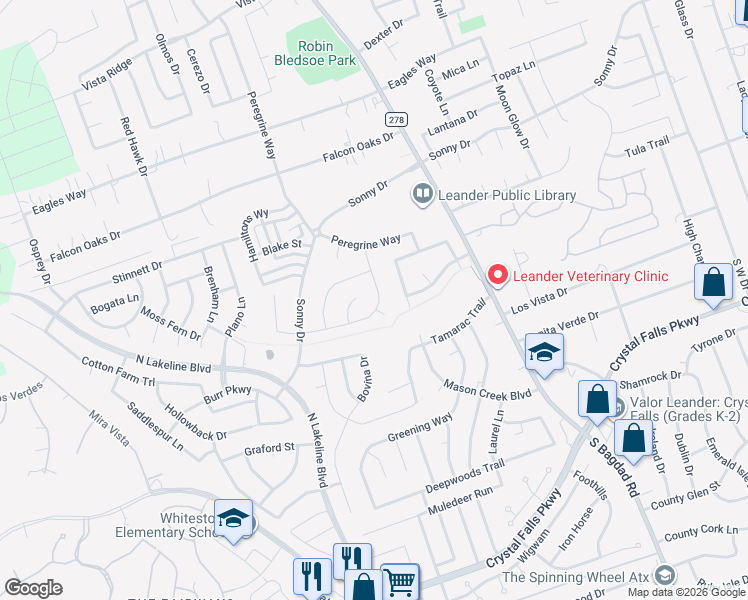 map of restaurants, bars, coffee shops, grocery stores, and more near 1245 Volente Lane in Leander