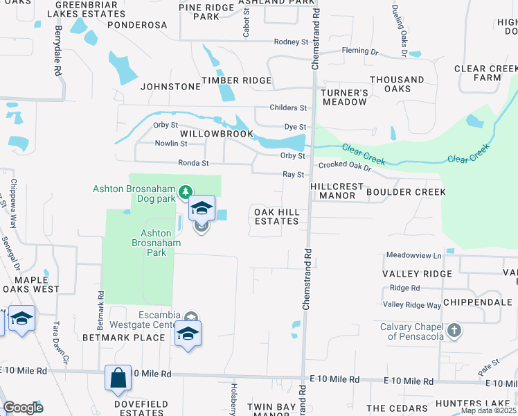map of restaurants, bars, coffee shops, grocery stores, and more near 10769 Country Ostrich Drive in Pensacola