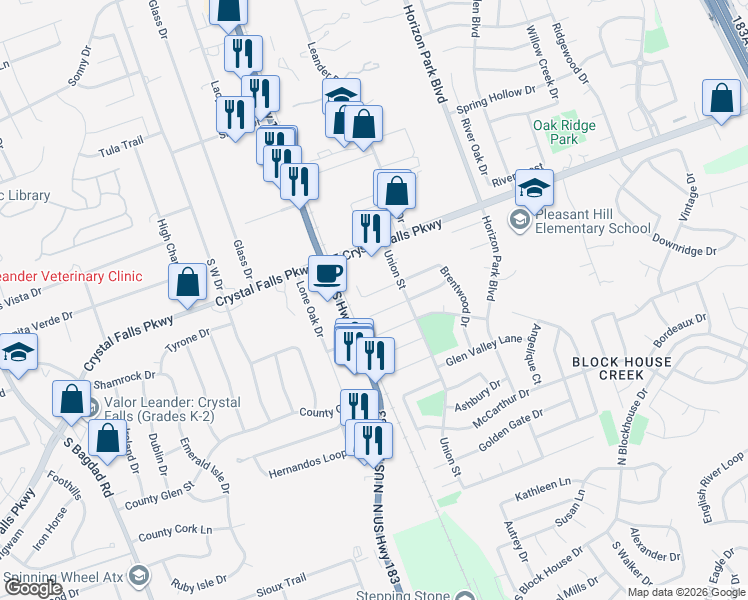 map of restaurants, bars, coffee shops, grocery stores, and more near 106 Brentwood Drive in Leander