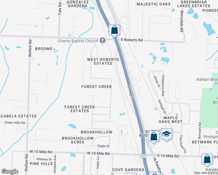 map of restaurants, bars, coffee shops, grocery stores, and more near 2625 Southern Oaks Drive in Gonzalez