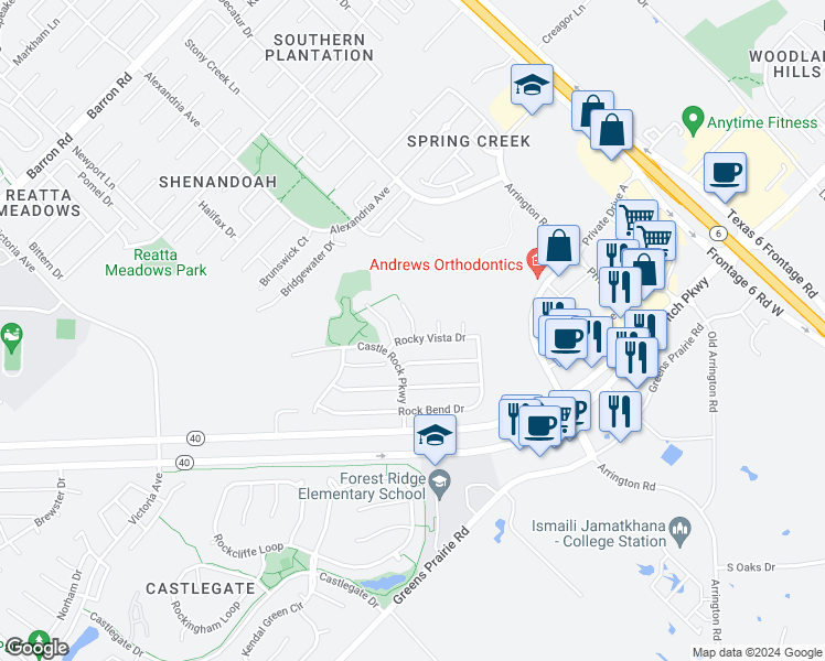 map of restaurants, bars, coffee shops, grocery stores, and more near 4100 Deep Stone Court in College Station