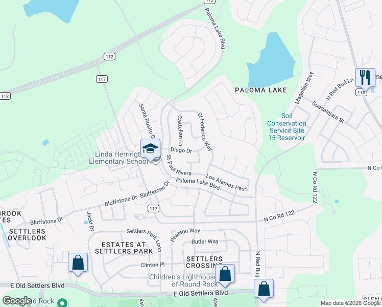 map of restaurants, bars, coffee shops, grocery stores, and more near 2721 Diego Drive in Round Rock