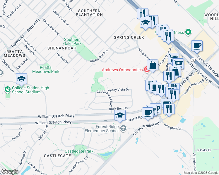 map of restaurants, bars, coffee shops, grocery stores, and more near 4105 Rocky Mountain Court in College Station