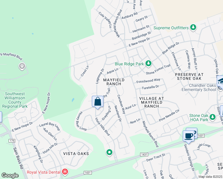map of restaurants, bars, coffee shops, grocery stores, and more near 3745 Derby Trail in Round Rock