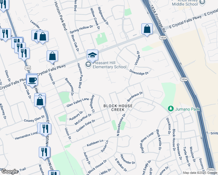 map of restaurants, bars, coffee shops, grocery stores, and more near 1911 Mockingbird Lane in Leander