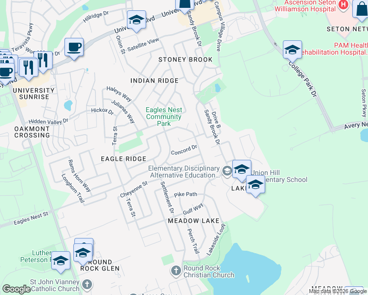 map of restaurants, bars, coffee shops, grocery stores, and more near 3812 Concord Drive in Round Rock