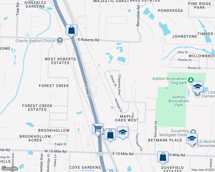 map of restaurants, bars, coffee shops, grocery stores, and more near 10617 Senegal Dr in Pensacola