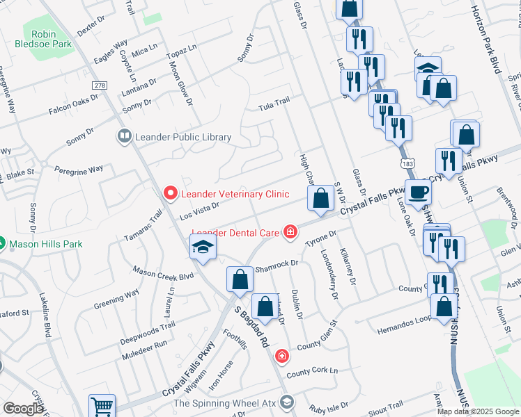map of restaurants, bars, coffee shops, grocery stores, and more near 1506 Tierra Alto Street in Leander