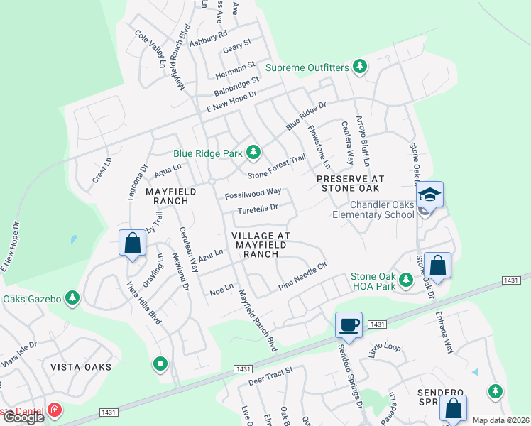 map of restaurants, bars, coffee shops, grocery stores, and more near 3737 Turetella Drive in Round Rock