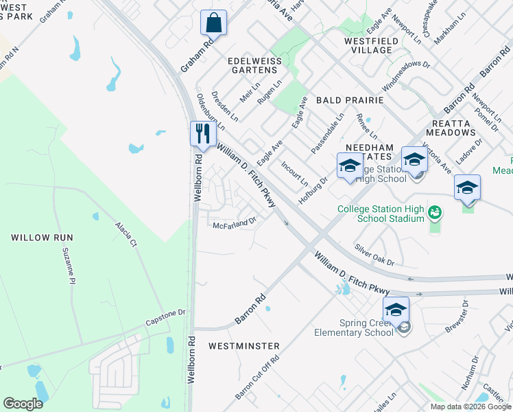 map of restaurants, bars, coffee shops, grocery stores, and more near 2937 Mclaren Drive in College Station