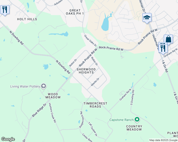 map of restaurants, bars, coffee shops, grocery stores, and more near 4585 Arthur Lane in College Station