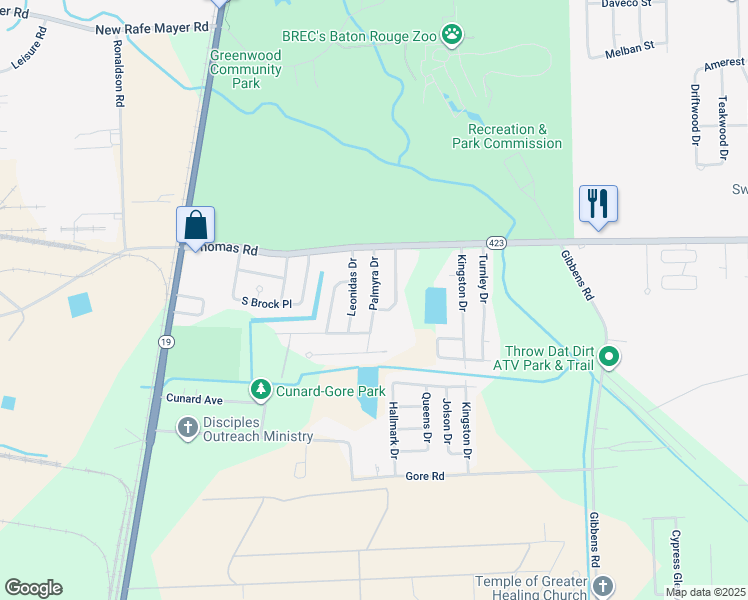 map of restaurants, bars, coffee shops, grocery stores, and more near 12235 Palmyra Drive in Baton Rouge