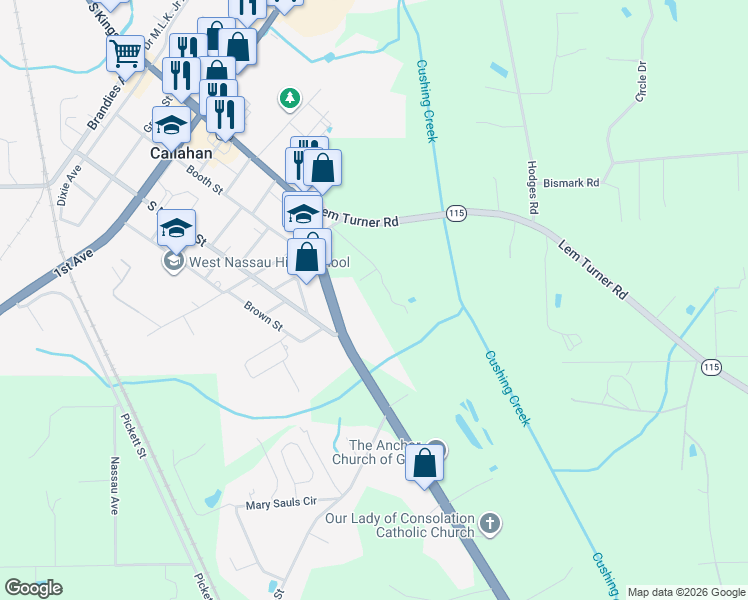 map of restaurants, bars, coffee shops, grocery stores, and more near 45077 Clemmons Road in Callahan