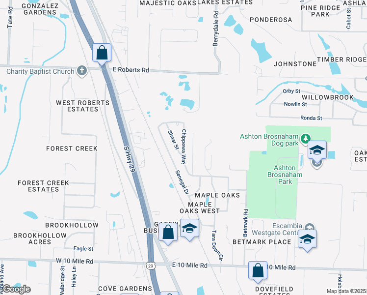map of restaurants, bars, coffee shops, grocery stores, and more near 10994 Chippewa Way in Pensacola